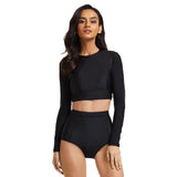 Women Black Swimsuits Long Sleeve Bathing Suit Crop Top Swimwear