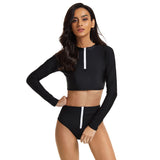 Women Crop Top Long Sleeve Bathing Suit Zipper Swimsuit