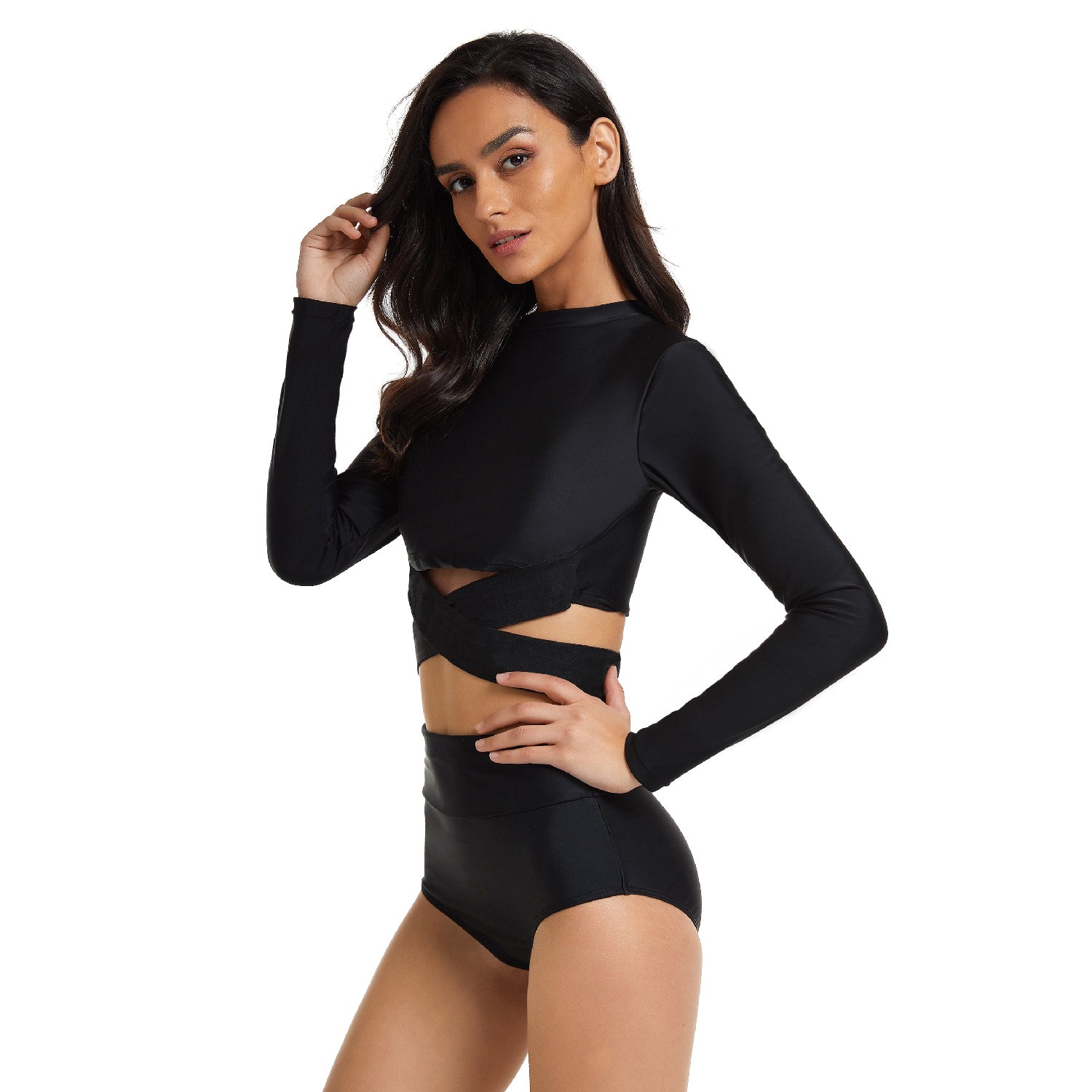 Women Long Sleeve Bathing suits Crop Criss Cross Black Rash Guard