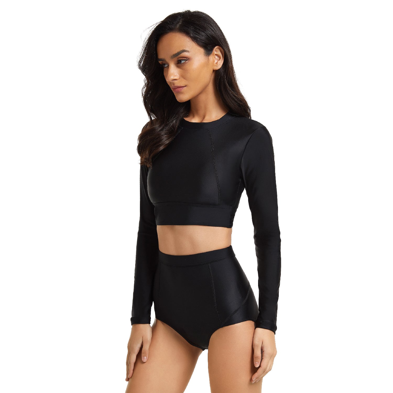Women Black Swimsuits Long Sleeve Bathing Suit Crop Top Swimwear