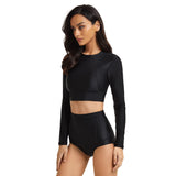 Women Black Swimsuits Long Sleeve Bathing Suit Crop Top Swimwear
