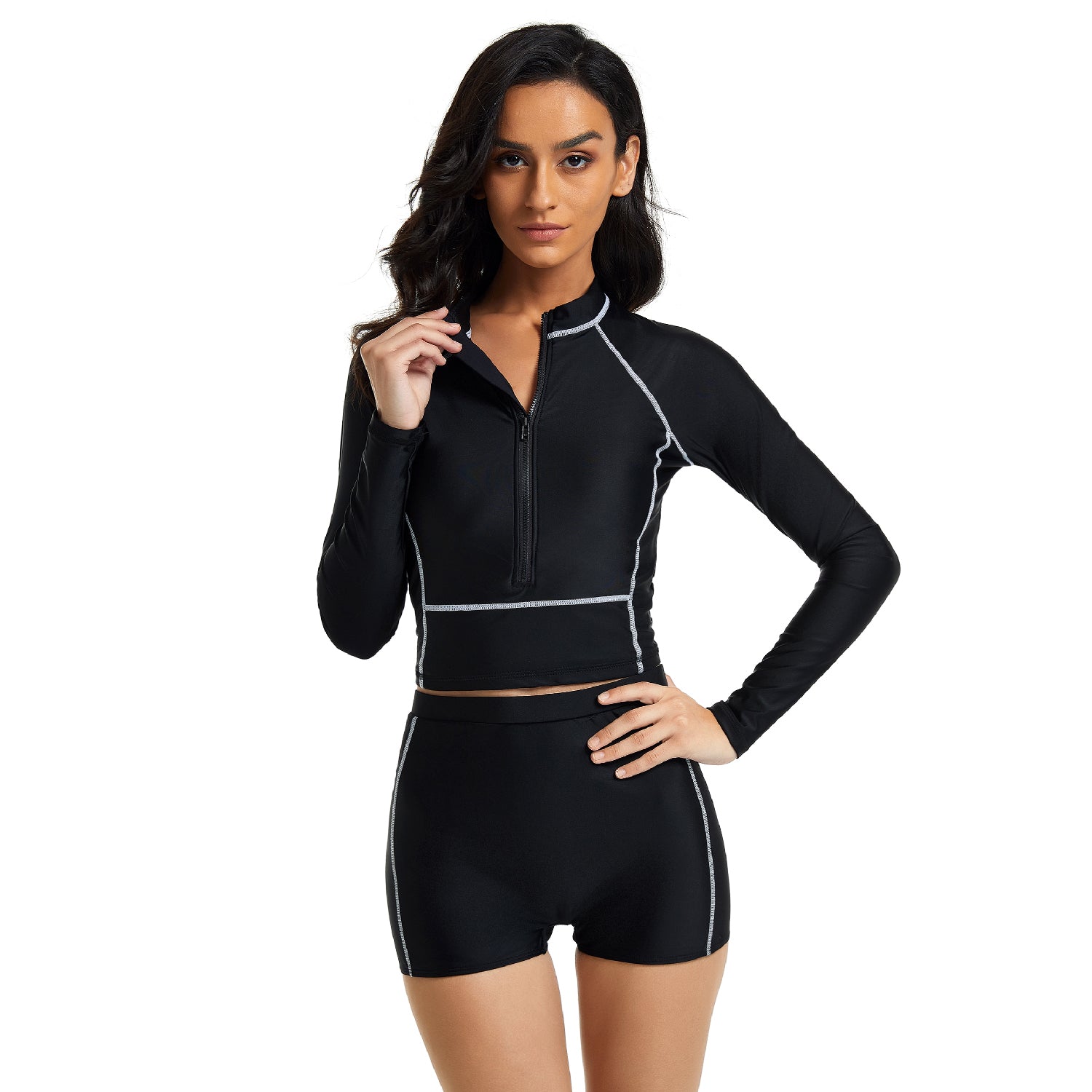 Women Long Sleeve Swimsuit Cropped Rash Guard Top Surfing Suit