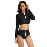 Women Crop Top Long Sleeve Bathing Suit Zipper Swimsuit