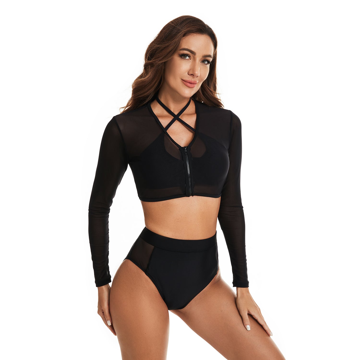 Womens Rash Guard Swimsuit Long Sleeve Bathing Suit 2 Piece Crop Tops