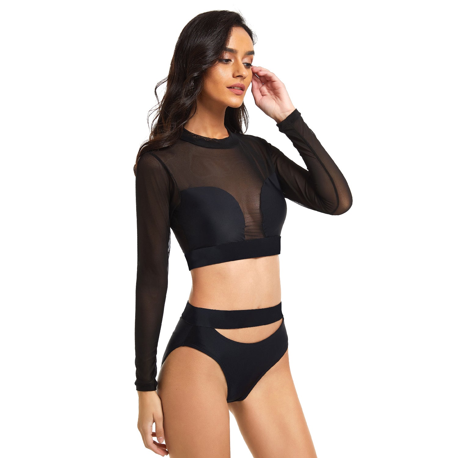 Women Swimsuit Crop Top Swim Shirt Long Sleeve Bikini