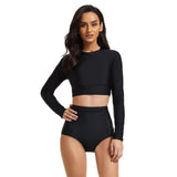 Women Black Swimsuits Long Sleeve Bathing Suit Crop Top Swimwear