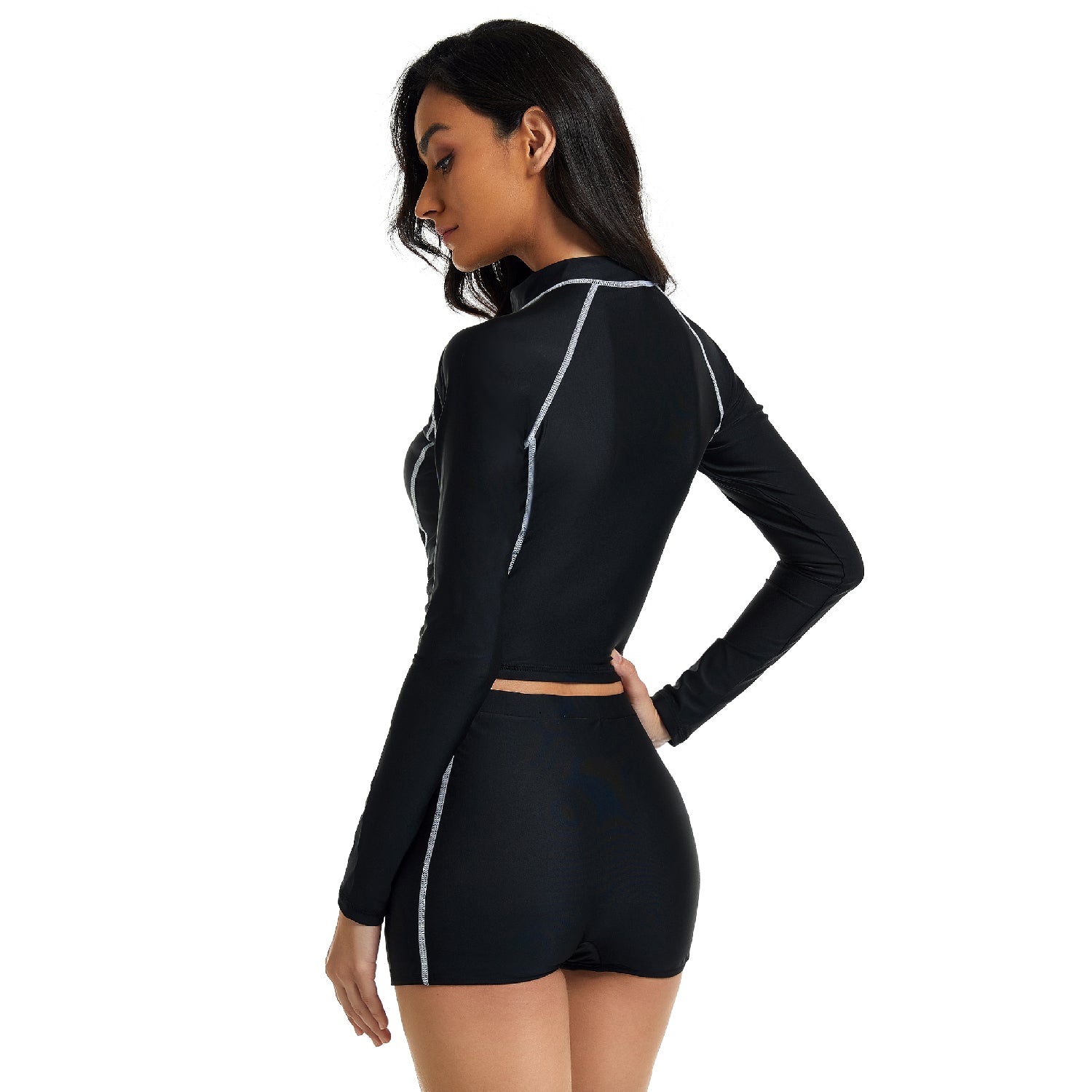 Women Long Sleeve Swimsuit Cropped Rash Guard Top Surfing Suit