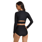 Women Black Swimsuits Long Sleeve Bathing Suit Crop Top Swimwear