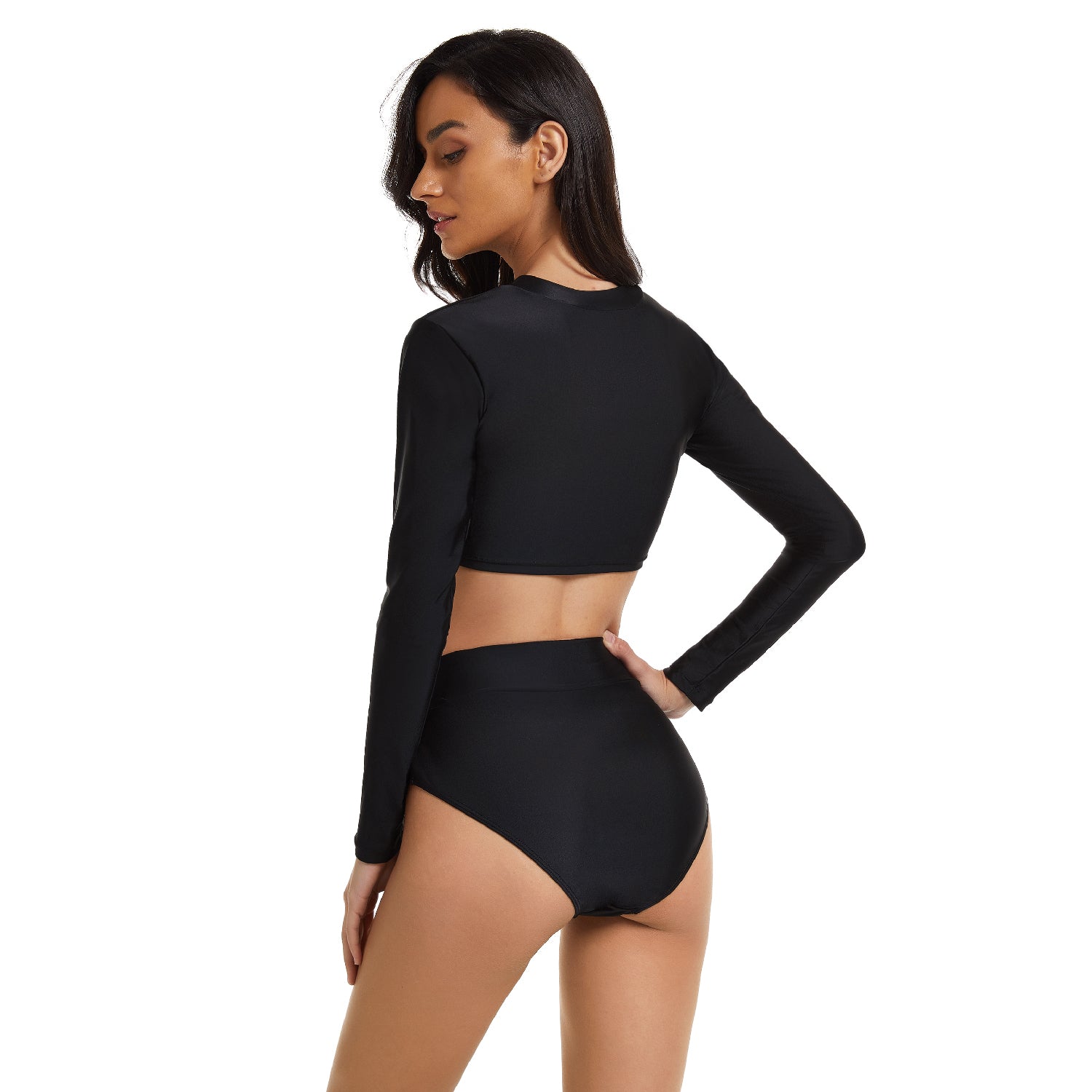 Women Crop Top Long Sleeve Bathing Suit Zipper Swimsuit