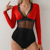 Women One piece Mesh Patchwork V-Neck Surfwear Beach Swimsuit
