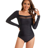 Womens Boyleg Rashguard Swimsuit One Piece Long Sleeve Zipper Front Bathing Suit