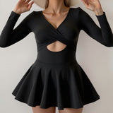 Women  One piece Long Sleeve Hollow Out Surfing Suit Swimming Skirt