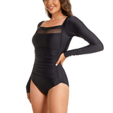 Womens Boyleg Rashguard Swimsuit One Piece Long Sleeve Zipper Front Bathing Suit