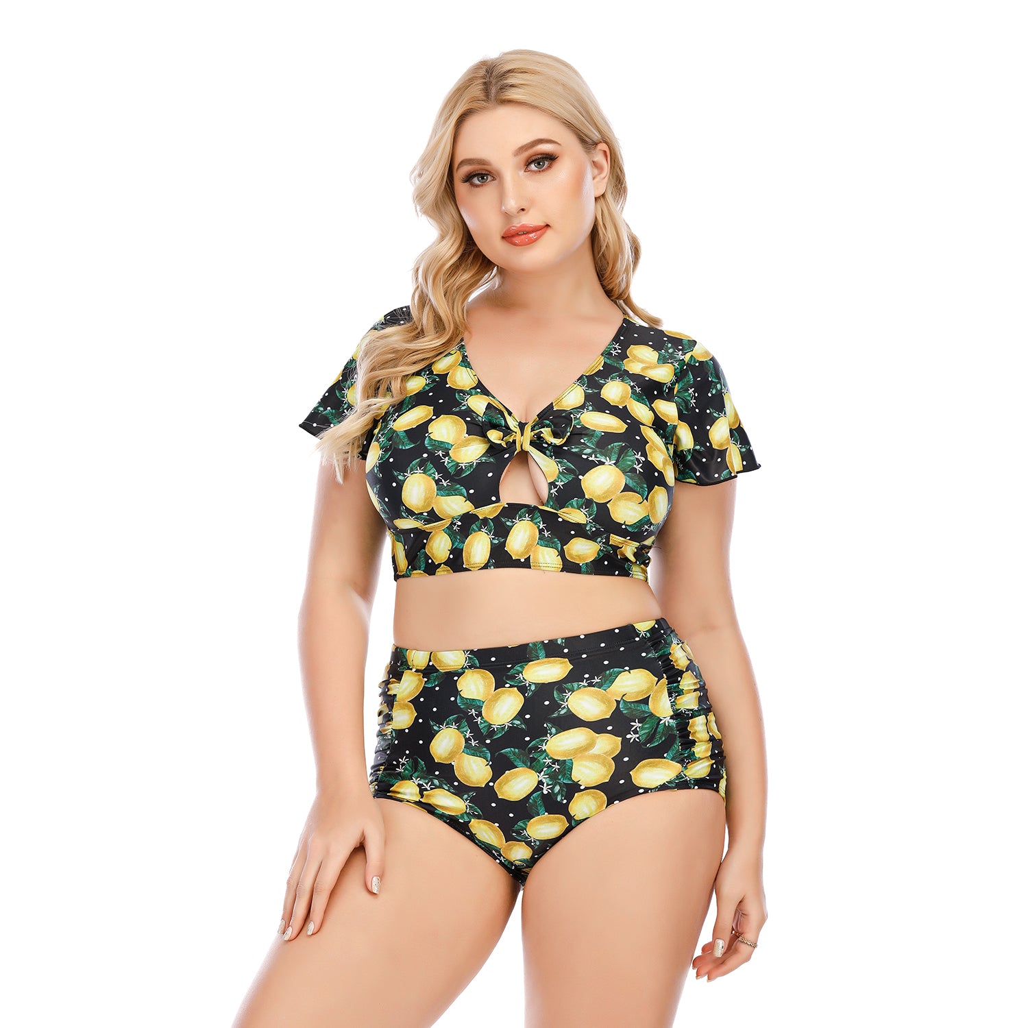 SiySiy Women's Plus Size Two Piece Short Sleeve Swimsuit Green Fruit Pattern Swimsuit