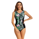 Green Color Printed Zipper One Piece Bathing Suit