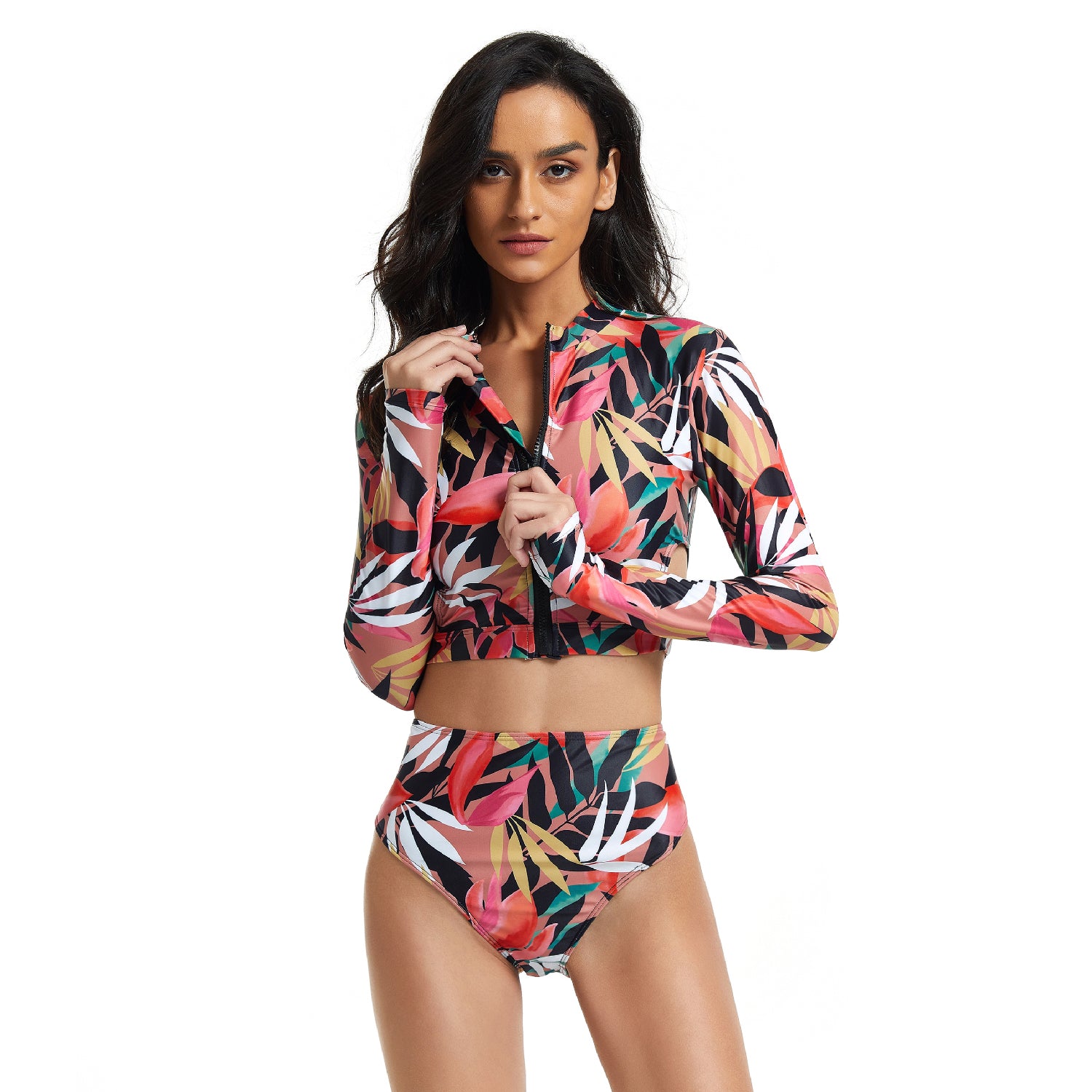 Women Long Sleeve Swimsuit Two Piece Bathing Suit Floral Zip Swimwear