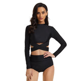 Women Long Sleeve Bathing suits Crop Criss Cross Black Rash Guard