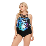 SiySiy Women's Plus Size Cross Grid Two Piece Swimsuit Bird Pattern Bathing suit