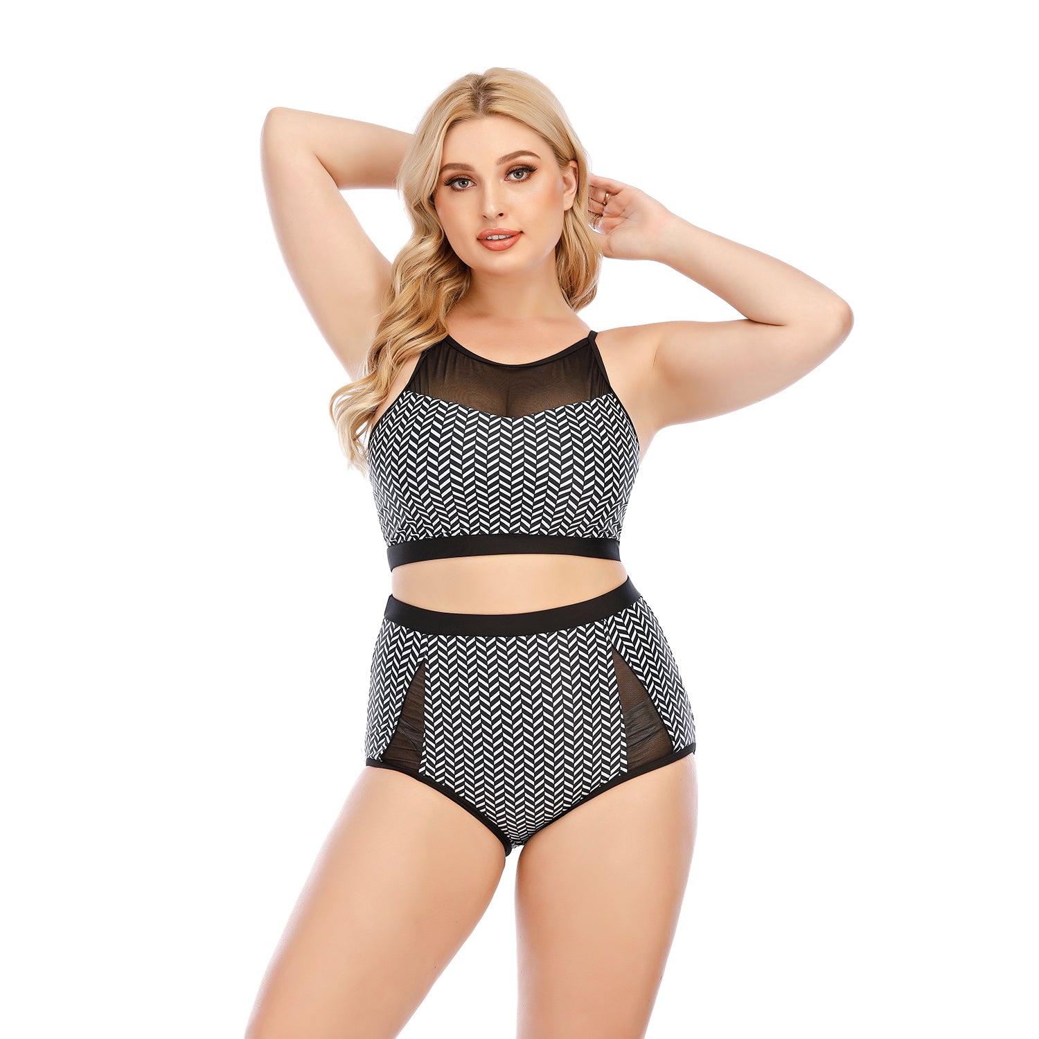 SiySiy Women's Plus Size Two Piece Black Gauze Swimsuit Triangle Bottom Mesh Pattern Swimsuit