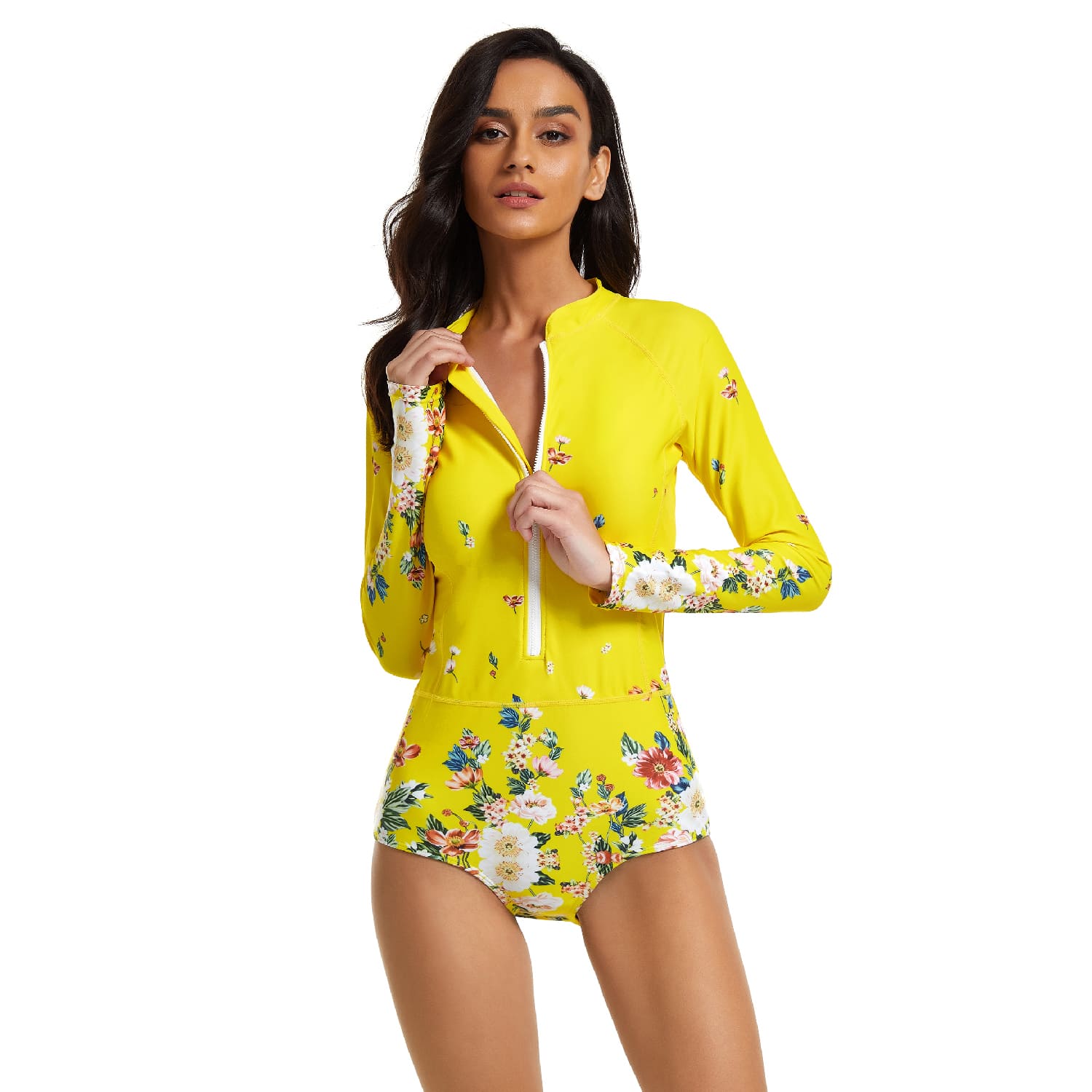 Women Yellow Swimsuit Long Sleeve Bathing Suit Beachwear