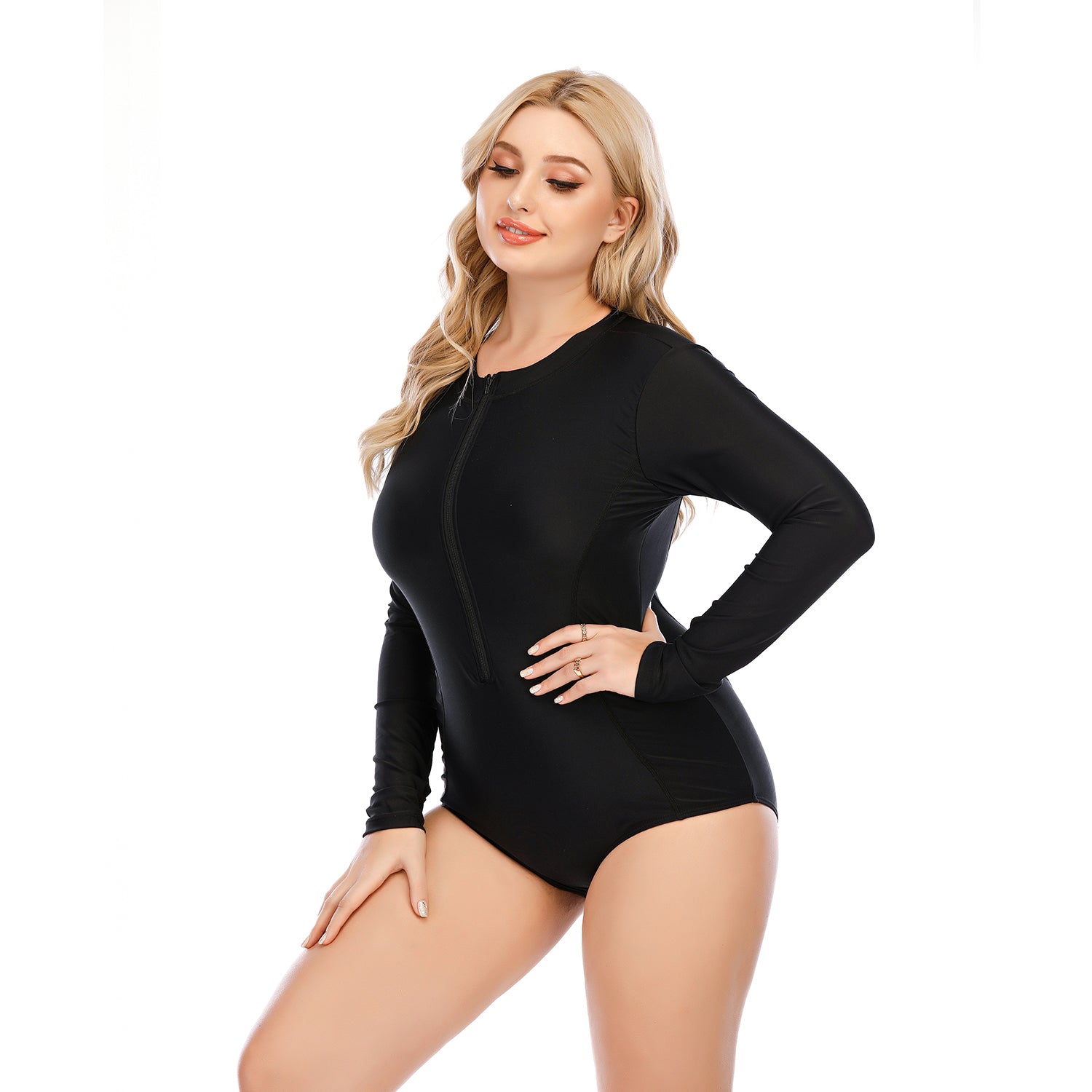 Womens Plus Size Long Sleeve One Piece Rash Guard Zip Swimsuits