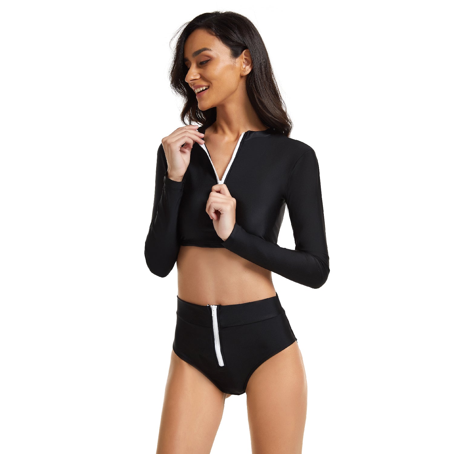 Women Crop Top Long Sleeve Bathing Suit Zipper Swimsuit