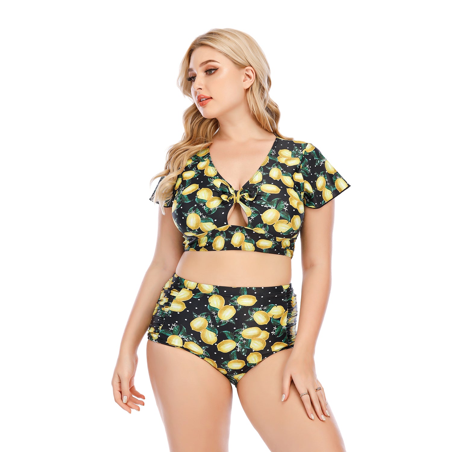 SiySiy Women's Plus Size Two Piece Short Sleeve Swimsuit Green Fruit Pattern Swimsuit