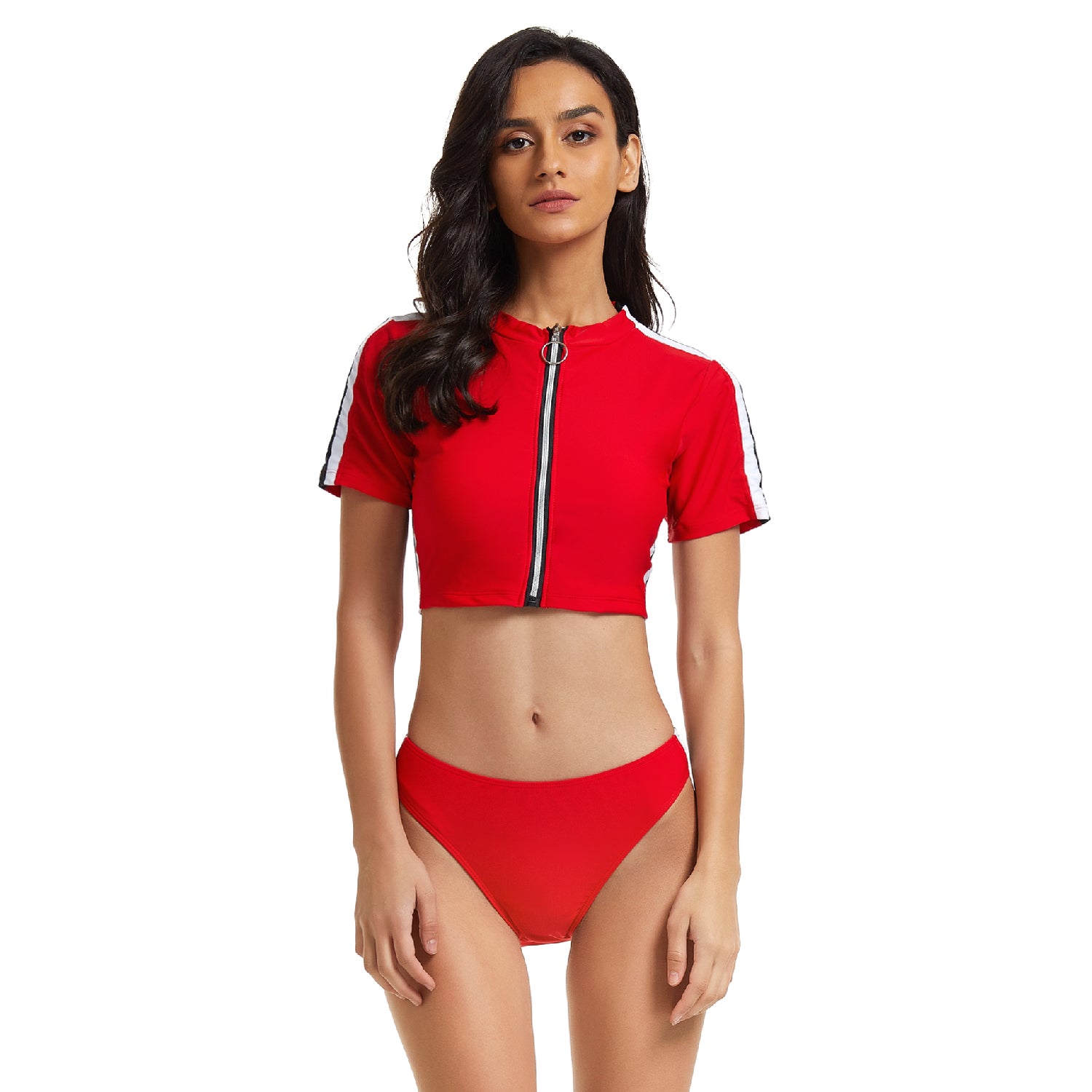 Short Sleeve Swimsuits Crop Top Surfing Suits Red Rash Guard