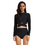 Women Long Sleeve Bathing suits Crop Criss Cross Black Rash Guard