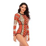Women's Long Sleeve Swimsuit Retro Printed One Piece Bathing Suit