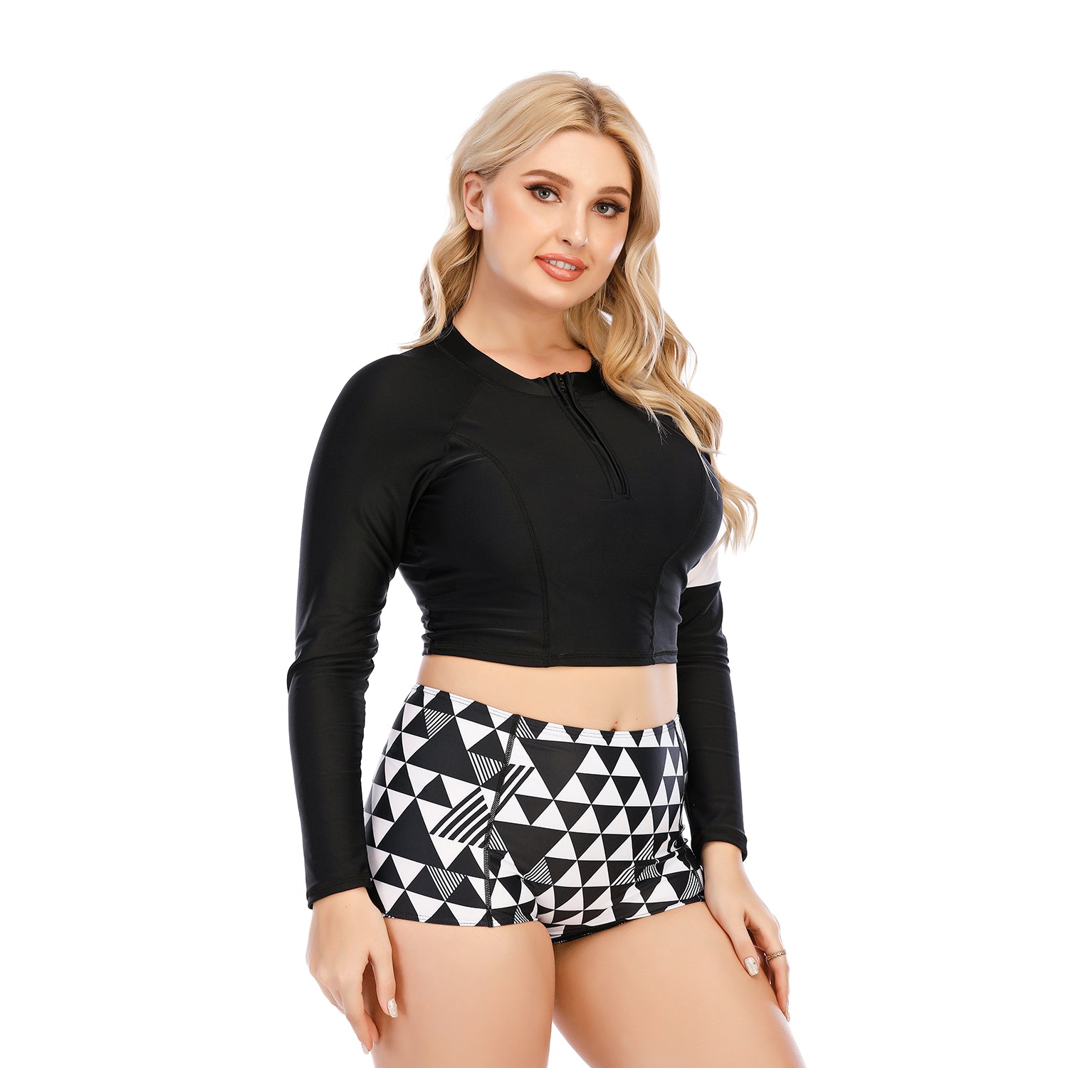 SiySiy Women's Plus Size Two Piece Long Sleeve Swimsuit Zipper Black and White Pattern Bottom Swimsuit