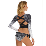 Women Long Sleeve Swimsuit Criss Cross Crop Top Swimwear
