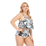 SiySiy Women's Plus Size Two Piece Chest Cross Swimsuit Black and White Leaf Pattern Swimsuit
