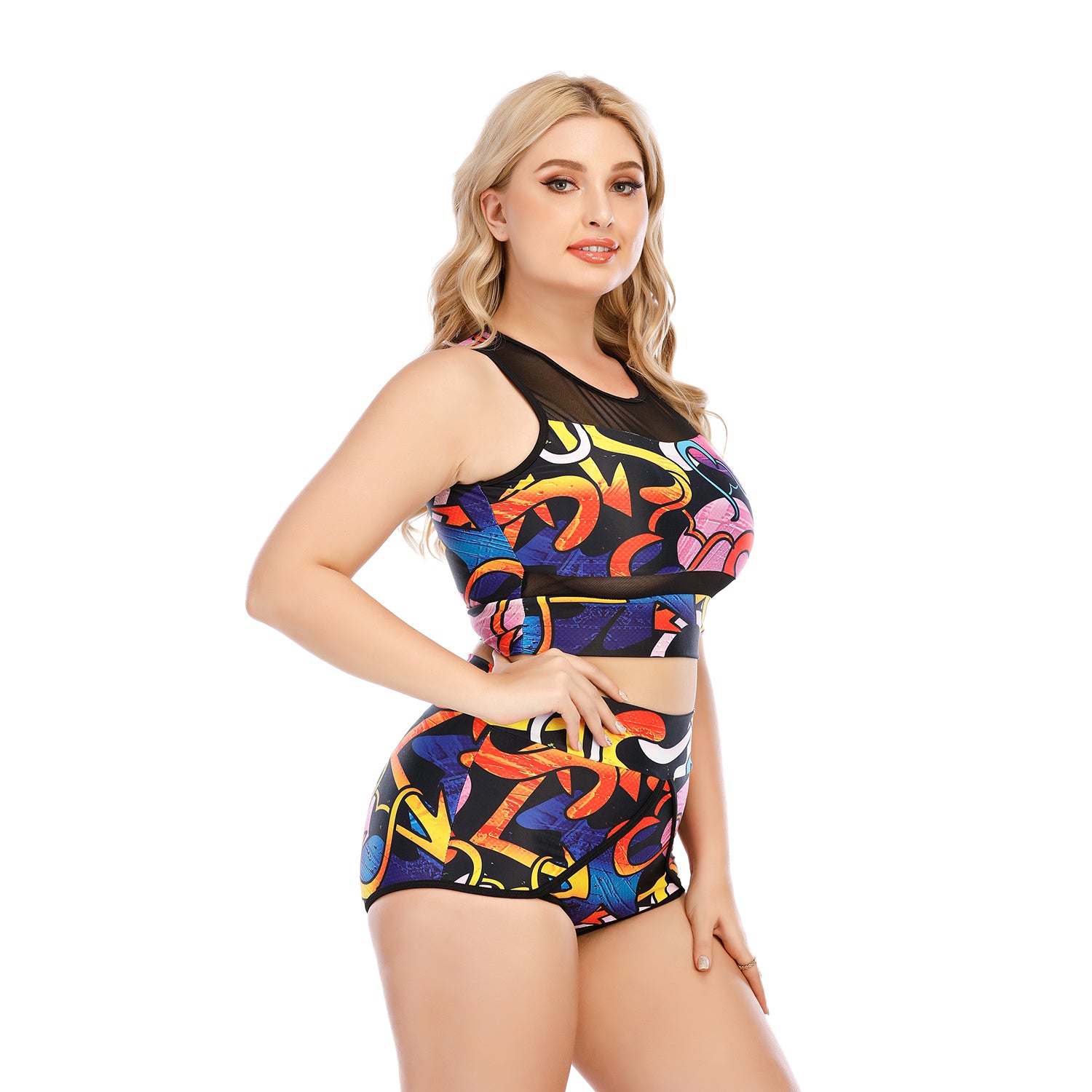 SiySiy Women's Plus Size Two Piece Crew Neck Sleeveless Swimwear Triangle Bottom Letter Color Pattern Swimsuit